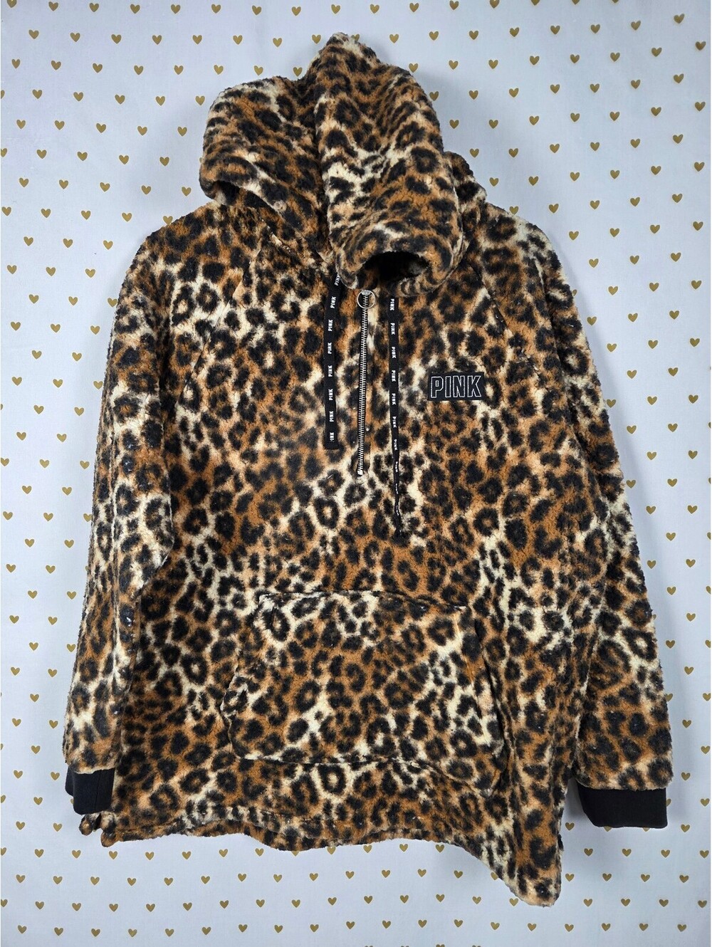 Victorias Secret Pink Sherpa Fluffy Warm Leopard Cheetah Quarter Zip Hoodie
